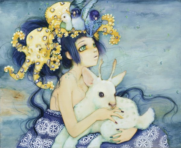 Anime picture 1310x1074 with camilladerrico single simple background bare shoulders green eyes blue hair very long hair nail polish girl animal bird (birds) deer octopus