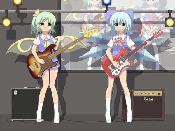 Anime picture 1333x1000 with touhou cirno daiyousei kinakomoti (artist) short hair open mouth blue eyes multiple girls green eyes blue hair green hair one side up reflection band girl bow 2 girls hair bow wings musical instrument