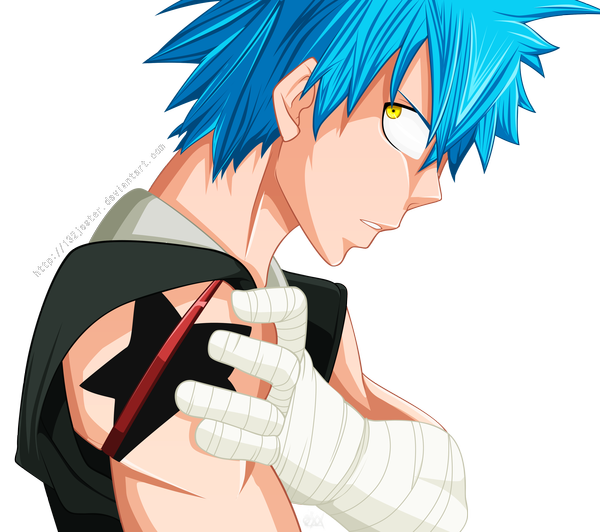 Anime picture 3532x3132 with soul eater studio bones black star 132jester single highres short hair yellow eyes blue hair absurdres profile tattoo coloring transparent background muscle spiked hair boy bandage (bandages)