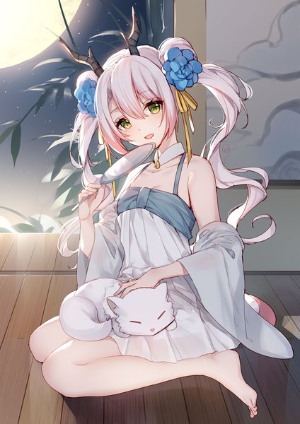 Anime picture 1000x1414 with original bison cangshu single long hair tall image looking at viewer fringe open mouth smile hair between eyes sitting twintails bare shoulders holding green eyes payot silver hair full body indoors head tilt