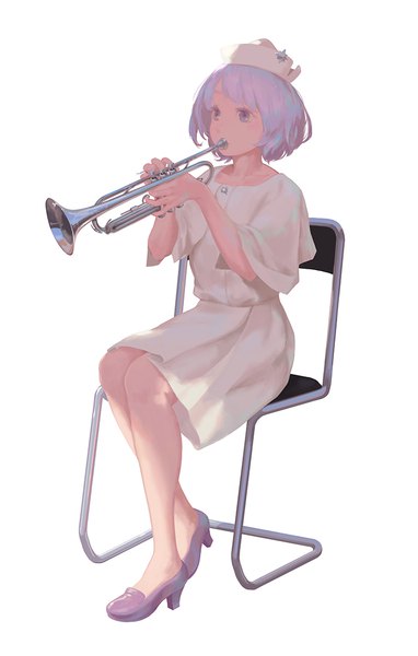 Anime picture 700x1098 with touhou merlin prismriver jq single tall image fringe short hair simple background white background sitting purple eyes holding looking away purple hair full body short sleeves alternate costume playing instrument contemporary music