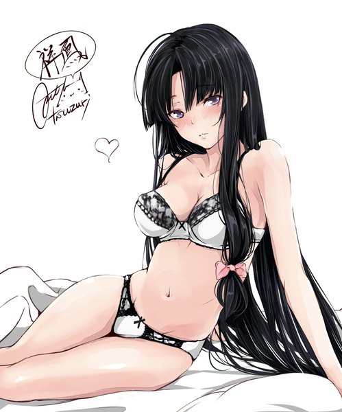 Anime picture 800x962 with kantai collection shouhou light aircraft carrier rizzl single tall image looking at viewer blush fringe breasts light erotic black hair simple background sitting purple eyes signed cleavage very long hair arm support underwear only hieroglyph