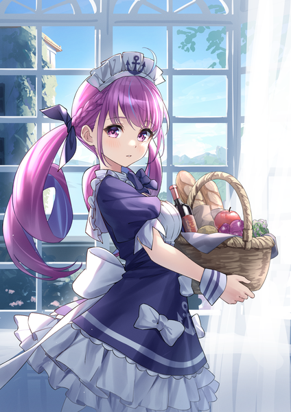 Anime picture 1736x2458 with virtual youtuber hololive minato aqua minato aqua (1st costume) tsurupy single long hair tall image looking at viewer highres purple eyes twintails purple hair ahoge multicolored hair drill hair colored inner hair girl bow food