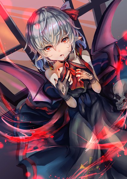 Anime picture 800x1130 with touhou remilia scarlet mizurapi single tall image looking at viewer fringe short hair open mouth hair between eyes red eyes standing bare shoulders payot silver hair ahoge nail polish fingernails pointy ears fang (fangs)