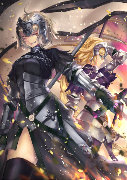 Anime picture 752x1065 with fate (series) fate/grand order jeanne d'arc (fate) (all) jeanne d'arc alter (fate) jeanne d'arc (fate) ko 31 long hair tall image looking at viewer fringe short hair blue eyes blonde hair smile hair between eyes standing multiple girls holding yellow eyes looking away