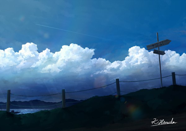 Anime picture 1300x919 with original alu.m (alpcmas) signed sky cloud (clouds) outdoors sunlight lens flare no people landscape sunbeam scenic river condensation trail fence traffic sign