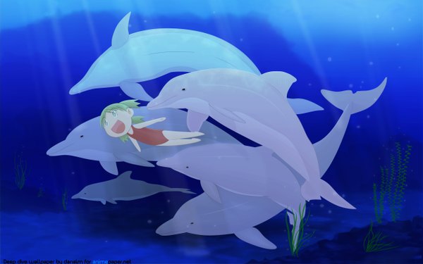 Anime picture 2560x1600 with yotsubato koiwai yotsuba highres wide image underwater girl dolphin