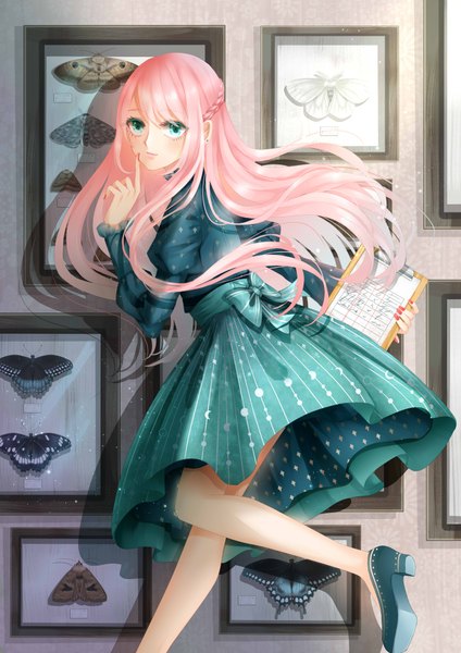 Anime picture 2893x4092 with original stari single long hair tall image looking at viewer highres blue eyes pink hair finger to mouth half updo girl dress insect butterfly