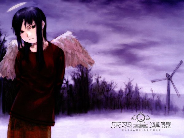 Anime picture 1280x960 with haibane renmei reki (haibane) abe yoshitoshi single long hair black hair standing sky cloud (clouds) angel wings angel girl tree (trees) halo forest