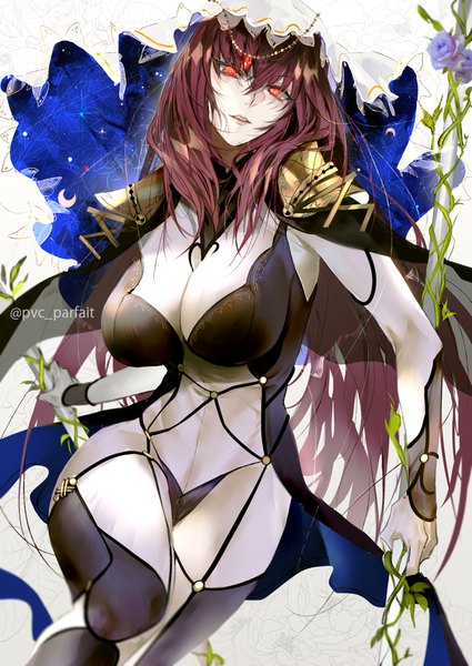 Anime-Bild 800x1130 mit fate (series) fate/grand order scathach (fate) (all) scathach (fate) pvc parfait single long hair tall image looking at viewer fringe breasts light erotic hair between eyes red eyes brown hair large breasts signed cleavage twitter username girl