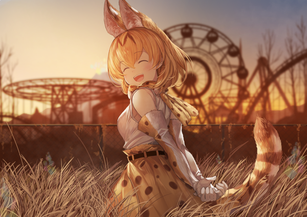 Anime-Bild 1228x868 mit kemono friends serval (kemono friends) koruse single blush fringe short hair blonde hair hair between eyes animal ears outdoors tail eyes closed animal tail looking back sleeveless lens flare evening happy sunset