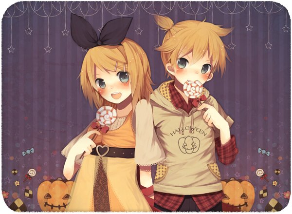 Anime picture 1610x1178 with vocaloid kagamine rin kagamine len chizu (sweet*cheese) looking at viewer blush short hair open mouth blue eyes blonde hair halloween twins purple background girl boy bow ribbon (ribbons) hair bow food sweets