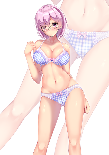 Anime picture 1413x2000 with fate (series) fate/grand order mash kyrielight fukuda shuushi single tall image looking at viewer blush fringe short hair breasts light erotic large breasts white background purple eyes pink hair cleavage hair over one eye underwear only groin