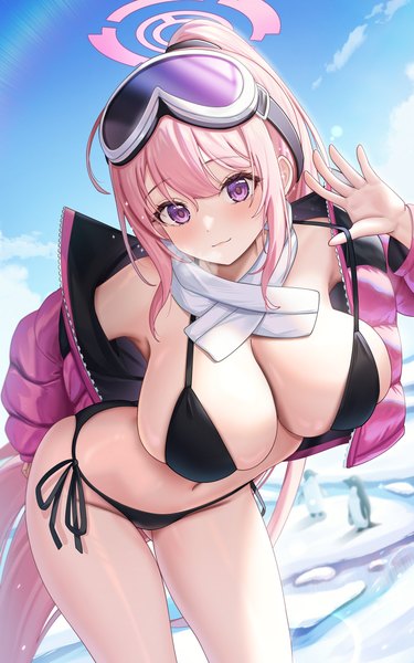 Anime picture 2000x3200 with blue archive eimi (blue archive) eimi (swimsuit) (blue archive) chisi single tall image looking at viewer blush fringe highres breasts light erotic smile large breasts standing purple eyes payot pink hair sky cloud (clouds)