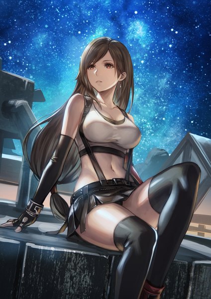 Anime picture 2894x4093 with final fantasy final fantasy vii square enix tifa lockhart anbe yoshirou single long hair tall image highres breasts light erotic red eyes brown hair sitting bare shoulders looking away cleavage outdoors night arm support