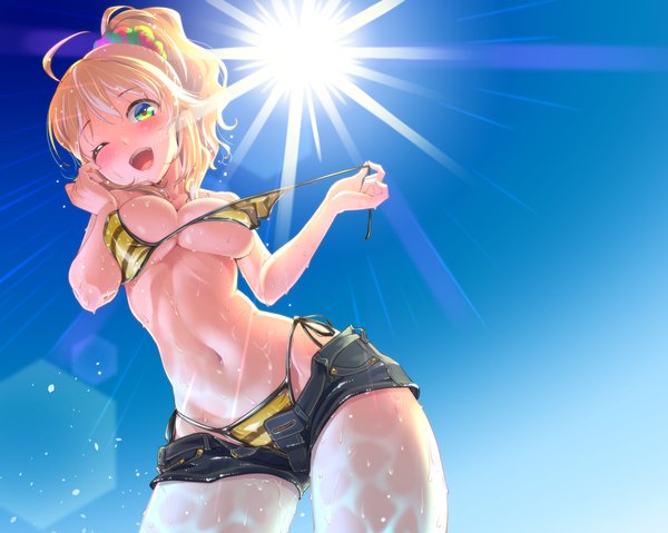 Anime picture 1238x990 with idolmaster hoshii miki maru (sara duke) single long hair looking at viewer blush breasts open mouth light erotic blonde hair green eyes sky ahoge ponytail one eye closed wink bare belly from below wet