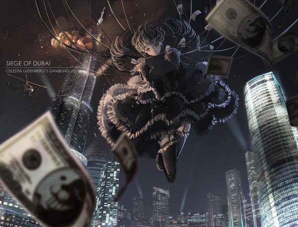 Anime picture 1500x1140 with dangan ronpa celestia ludenberg qianqian single long hair black hair red eyes twintails full body city drill hair girl thighhighs dress black thighhighs frills building (buildings) money helicopter