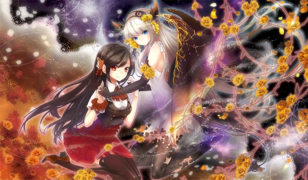 Anime picture 1500x881 with original plastick long hair looking at viewer blue eyes smile red eyes brown hair wide image bare shoulders multiple girls white hair hair flower horn (horns) holding hands bat wings girl thighhighs dress gloves