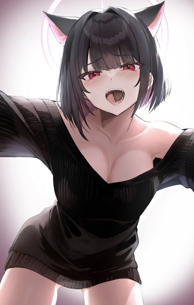 Anime picture 1652x2590 with blue archive kazusa (blue archive) ryouta (ryouta335) single tall image looking at viewer short hair breasts light erotic black hair simple background red eyes large breasts holding animal ears cleavage mouth hold valentine food in mouth girl