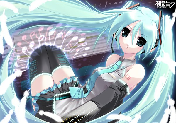 Anime picture 1000x700 with vocaloid hatsune miku jian single twintails very long hair aqua eyes aqua hair girl thighhighs skirt black thighhighs detached sleeves miniskirt necktie headphones feather (feathers)
