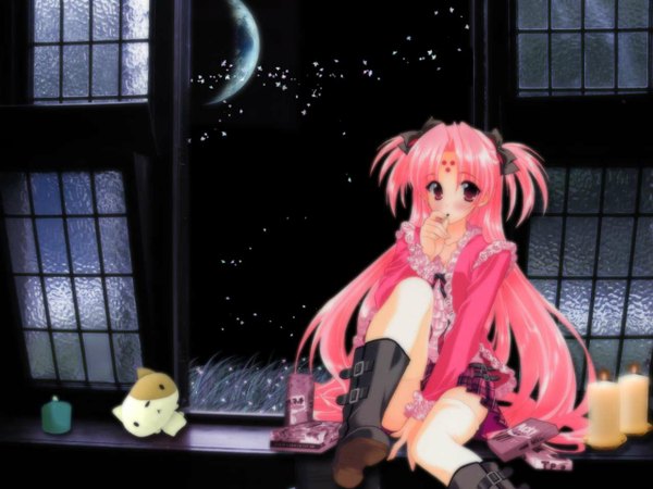 Anime picture 1280x960 with girls bravo miharu sena kanaka mario kaneda sakura-k single long hair sitting pink hair indoors pleated skirt pink eyes night wallpaper night sky soles eating covering third-party edit forehead mark covering crotch