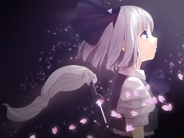 Anime picture 1440x1080 with touhou konpaku youmu nichiki single short hair blue eyes silver hair profile girl bow weapon hair bow petals sword katana