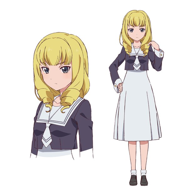 Anime picture 1911x1914 with action heroine cheer fruits shimura kanon ide naomi long hair tall image fringe highres simple background blonde hair standing white background blunt bangs black eyes official art hand on hip drill hair multiview expressionless girl uniform