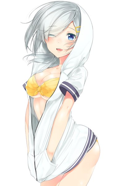 Anime picture 2500x4000 with kantai collection hamakaze destroyer nezumidoshi single tall image looking at viewer blush fringe highres short hair open mouth blue eyes light erotic simple background smile white background absurdres silver hair ass one eye closed