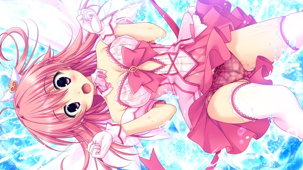 Anime picture 1280x720 with yume koi himenomi miruku chikotam single long hair blush open mouth light erotic wide image bare shoulders pink hair game cg pink eyes wet cameltoe wet clothes underwater wet panties girl thighhighs