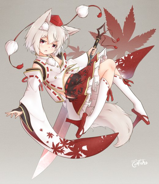 Anime picture 2710x3128 with touhou inubashiri momiji coreytaiyo single tall image looking at viewer fringe highres short hair open mouth simple background hair between eyes red eyes signed animal ears full body bent knee (knees) white hair tail animal tail