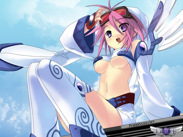 Anime picture 1600x1200 with peace@pieces akizuki nagi itou noiji jade517 single short hair breasts open mouth light erotic sitting purple eyes signed looking away pink hair sky cloud (clouds) outdoors :d arm up underboob