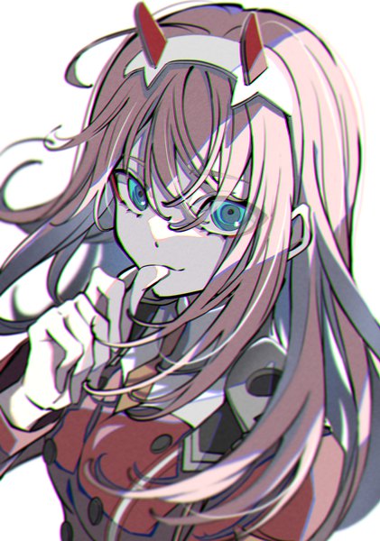 Anime picture 4065x5788 with darling in the franxx studio trigger zero two (darling in the franxx) natsume hinako single long hair tall image fringe highres simple background hair between eyes white background pink hair absurdres upper body horn (horns) aqua eyes finger to mouth girl