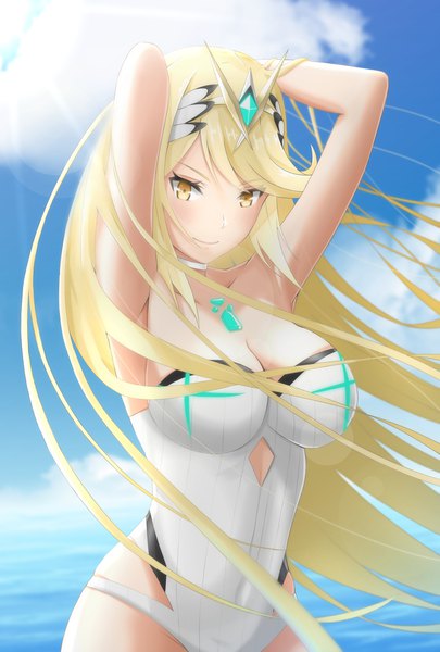 Anime picture 1378x2039 with xenoblade xenoblade 2 mythra (xenoblade) mythra (radiant beach) (xenoblade) mebi (mebieru) single long hair tall image looking at viewer blush fringe breasts light erotic blonde hair large breasts standing yellow eyes payot sky cleavage