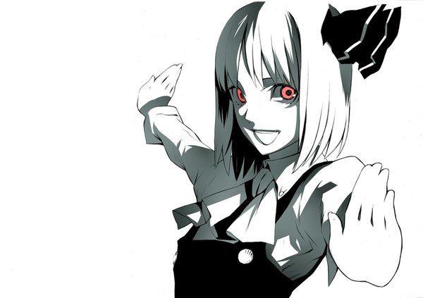 Anime picture 1032x729 with touhou konpaku youmu onigunsou short hair open mouth simple background red eyes white background monochrome spread arms girl bow hair bow