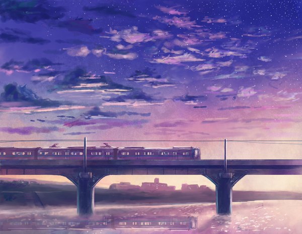 Аниме картинка 1800x1400 с оригинальное изображение koocha hikari высокое разрешение небо облако (облака) солнечный свет ночь ночное небо отражение без людей река вода звезда (звёзды) лестница линии электропередач поезд железная дорога железнодорожные пути