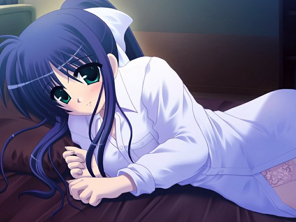 Anime picture 1024x768 with sakura machizaka stories (game) long hair light erotic green eyes game cg purple hair girl underwear panties