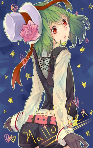 Anime picture 1443x2300 with macross macross frontier ranka lee norichi zu tall image short hair red eyes sky looking back green hair inscription back halloween happy halloween girl gloves flower (flowers) hat pantyhose shorts