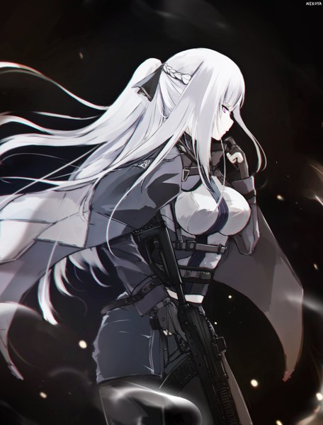 Anime picture 713x938 with girls frontline ak-12 (girls frontline) nekoya (liu) single long hair tall image breasts simple background large breasts holding signed payot looking away silver hair ponytail braid (braids) long sleeves profile pink eyes wind