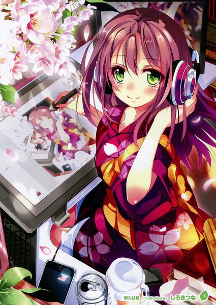 Anime picture 2548x3600 with girls, girls, girls! 10 (artbook) shirokitsune single long hair tall image looking at viewer blush highres smile green eyes purple hair traditional clothes japanese clothes scan official art girl flower (flowers) petals kimono headphones