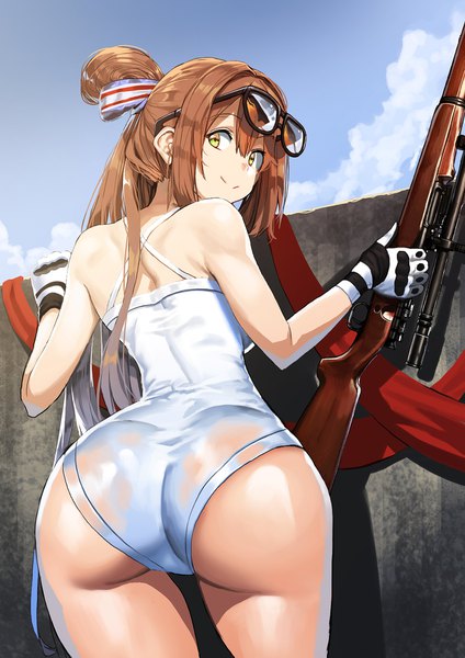 Anime picture 1500x2123 with girls frontline m1903 springfield (girls frontline) ihobus single long hair tall image looking at viewer fringe breasts light erotic hair between eyes holding green eyes payot sky cloud (clouds) outdoors ass looking back multicolored hair