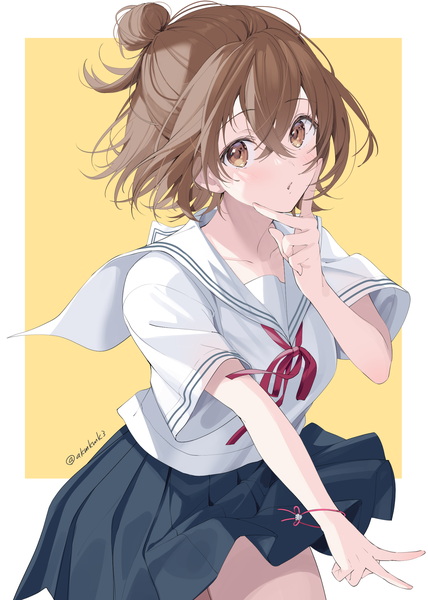 Anime picture 1500x2104 with original akamoku single tall image looking at viewer fringe short hair simple background hair between eyes brown hair brown eyes signed pleated skirt hair bun (hair buns) twitter username border half updo outside border yellow background girl