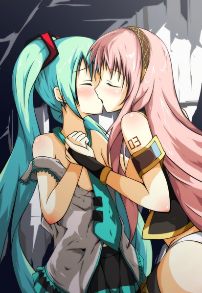 Anime picture 2370x3444 with vocaloid hatsune miku megurine luka long hair tall image blush highres twintails bare shoulders multiple girls pink hair absurdres eyes closed aqua hair holding hands shoujo ai kiss girl skirt 2 girls