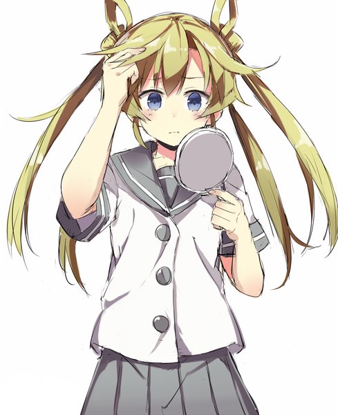 Anime picture 734x900 with kantai collection abukuma light cruiser kuhotaka single long hair tall image blue eyes simple background blonde hair white background twintails adjusting hair girl uniform serafuku mirror