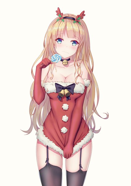 Anime picture 711x1005 with original wu baiye zhu single long hair tall image looking at viewer blush fringe breasts blue eyes light erotic blonde hair simple background standing white background bare shoulders holding cleavage horn (horns) fur trim