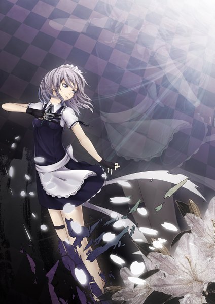 Anime picture 1753x2480 with touhou izayoi sakuya kyoeiki single tall image highres short hair blue eyes silver hair braid (braids) maid zoom layer checkered background girl gloves weapon fingerless gloves apron knife dagger