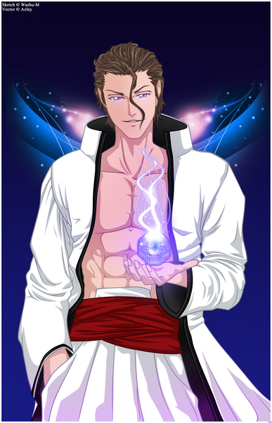 Anime picture 900x1393 with bleach studio pierrot aizen sousuke azley single tall image short hair simple background smile brown hair purple eyes traditional clothes japanese clothes coloring magic blue background muscle hand in pocket boy belt