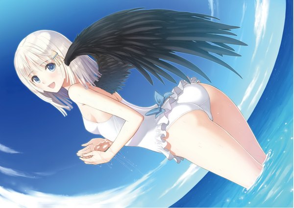 Anime picture 1817x1288 with shining (series) shining ark panis angelicus tony taka single blush highres short hair open mouth blue eyes light erotic cloud (clouds) white hair scan official art girl swimsuit wings sea
