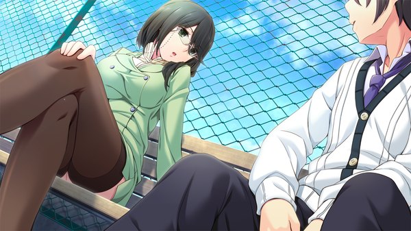 Anime picture 1280x720 with tsuisou no augment hinasaki you short hair black hair wide image green eyes game cg crossed legs teacher girl thighhighs boy black thighhighs glasses