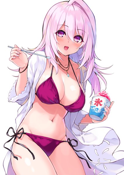 Anime picture 708x1000 with cu-no yayoi sakura hisenkaede single long hair tall image looking at viewer blush fringe breasts open mouth light erotic simple background hair between eyes large breasts white background purple eyes holding payot pink hair