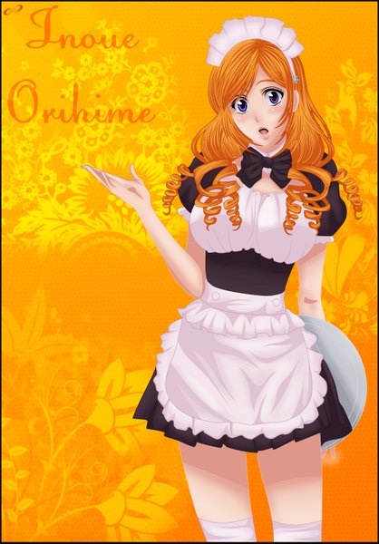 Anime picture 2000x2873 with bleach studio pierrot inoue orihime xset single long hair tall image blush highres open mouth purple eyes orange hair inscription maid coloring drill hair framed girl thighhighs hair ornament